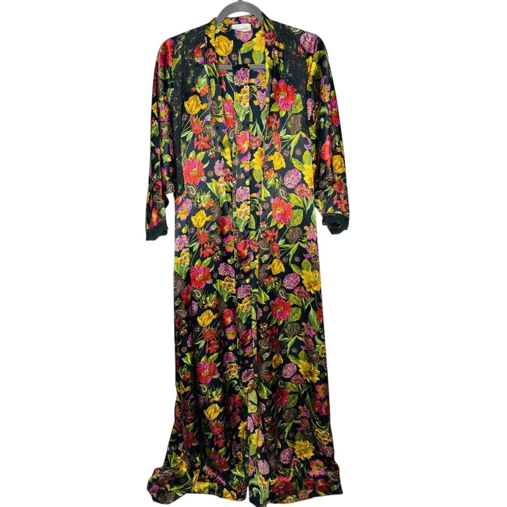 Vintage‎ Vanity Fair Floral Lace Robe Kimono M Dark Romantic Tropical Old Money